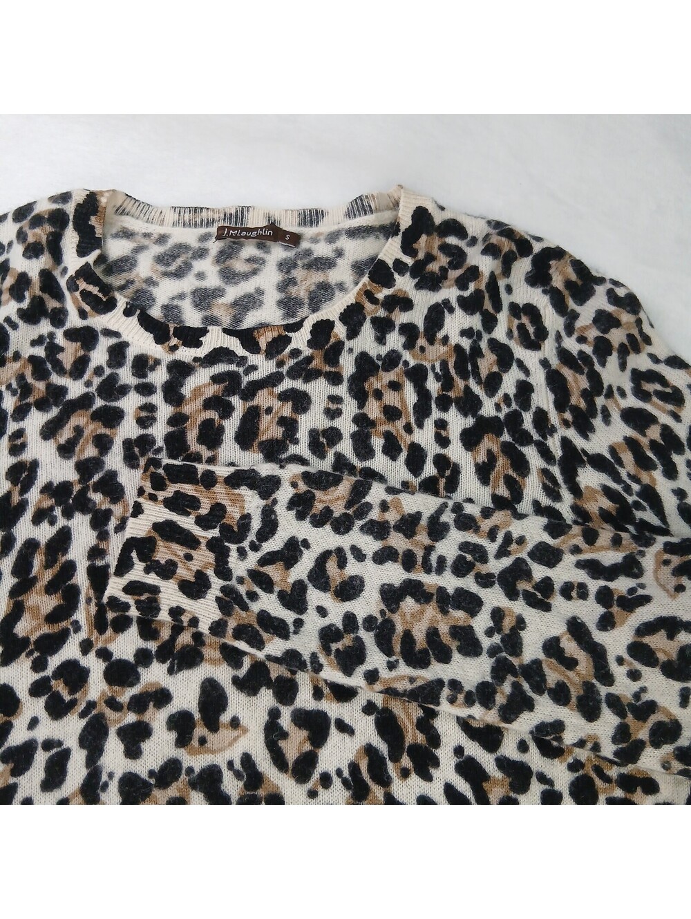 J. McLaughlin 100% Cashmere Leopard Print Crewneck Sweater Tan Black Size S